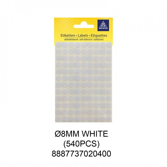 MAYSPIES MS008 COLOUR DOT LABEL / 5 SHEETS/PKT / 540PCS/ ROUND 8MM WHITE